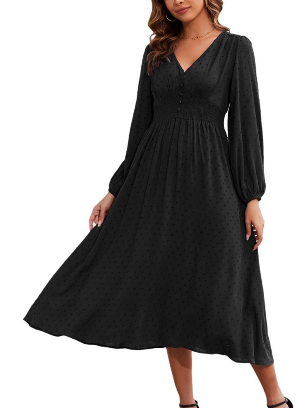 Women Boho Swiss Dot Smocked Waist A Line Swing Fall Midi Long Dress